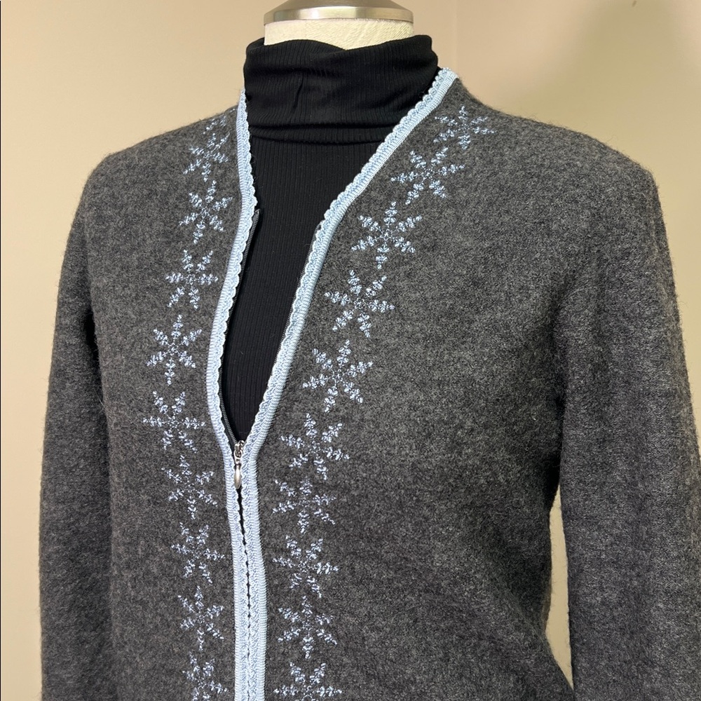 Talbots Wool Zip Cardigan Gray and Light Blue Trim and Embroidered Snow Flakes M